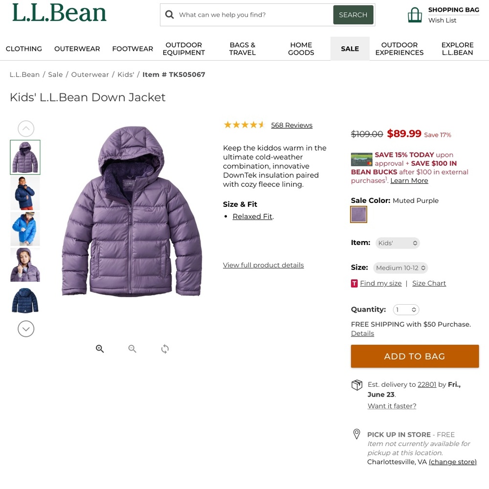 Kids’ LLBean fleece lined winter coat size Medium 10-12